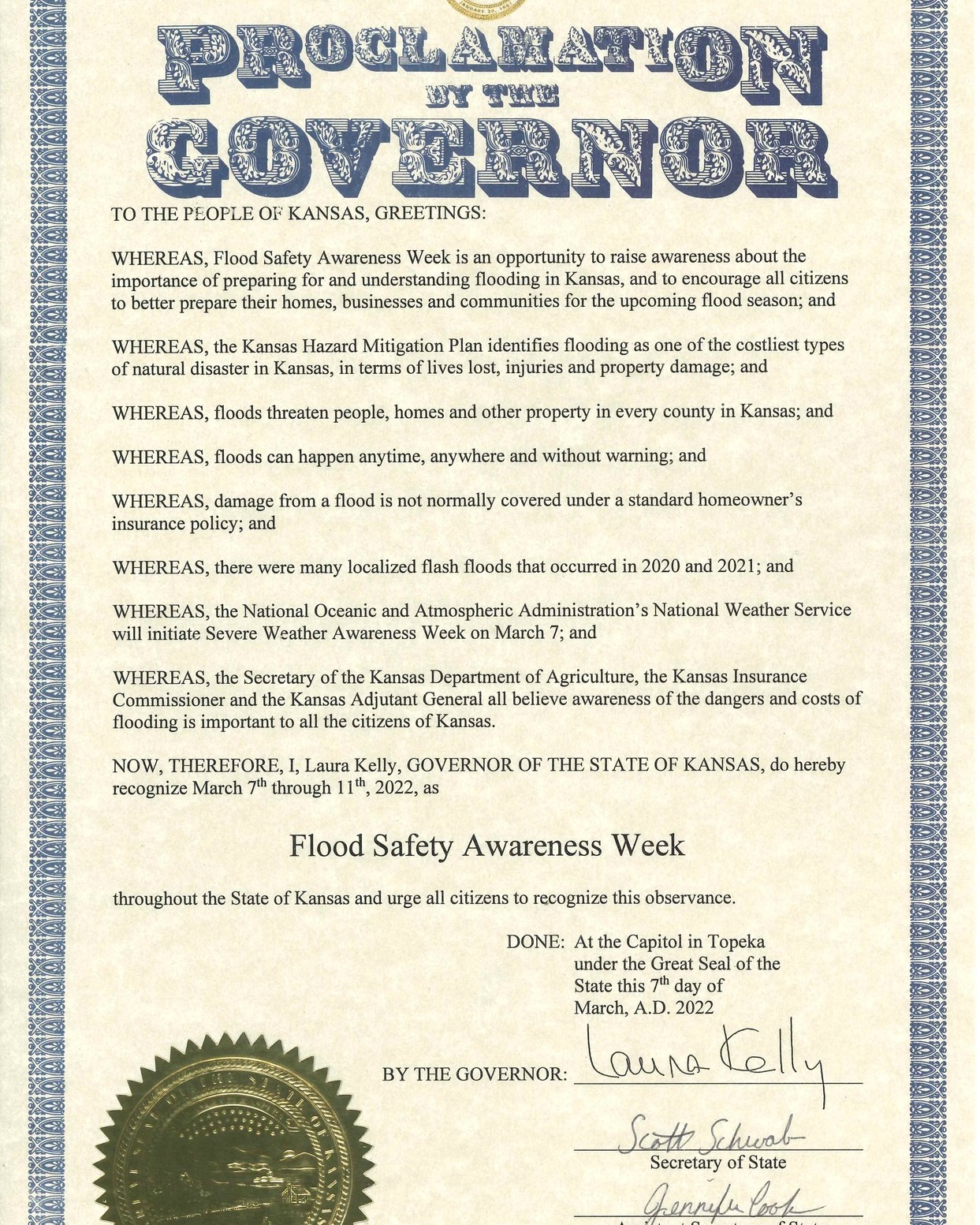 Image of Governor Laura Kelly's flood proclamation (2022) Image of Governor Laura Kelly's flood proclamation (2022)